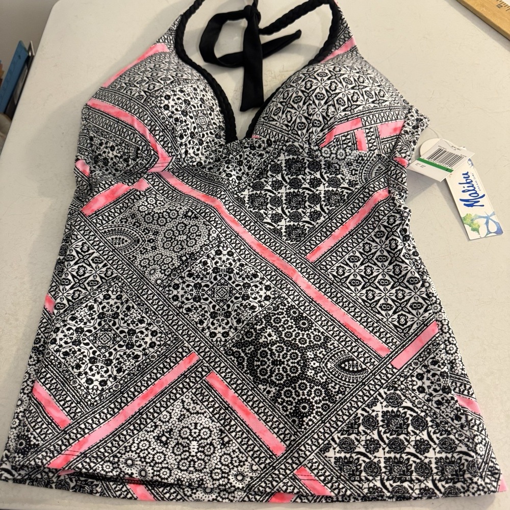 NEW Malibu Push Up Swimwear Women's Multi Colored Tie Top Tankini Size L